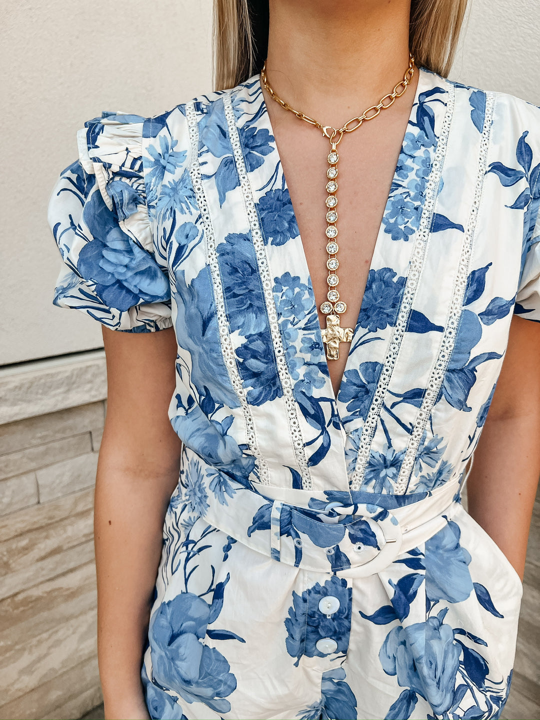 Kline Blue Floral Belted Romper