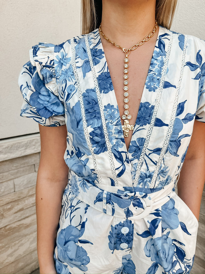 Kline Blue Floral Belted Romper