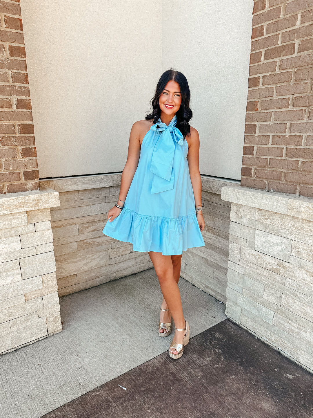 Blue Bow Neck Detail Mini Dress