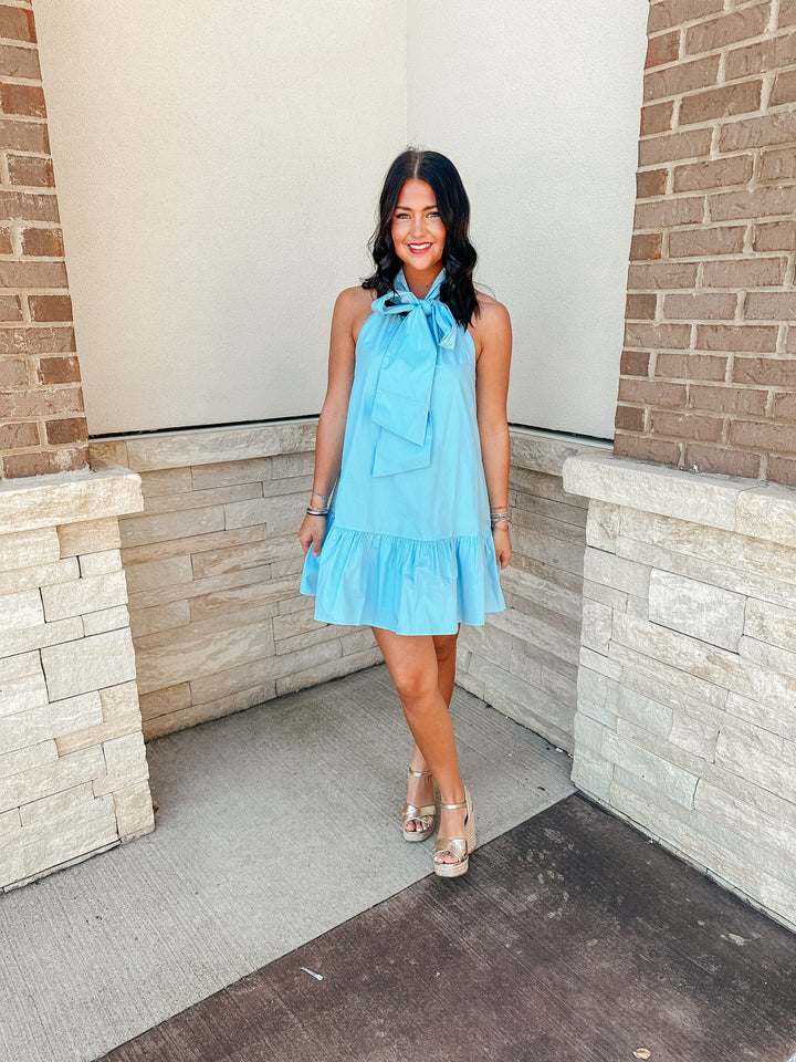 Blue Bow Neck Detail Mini Dress