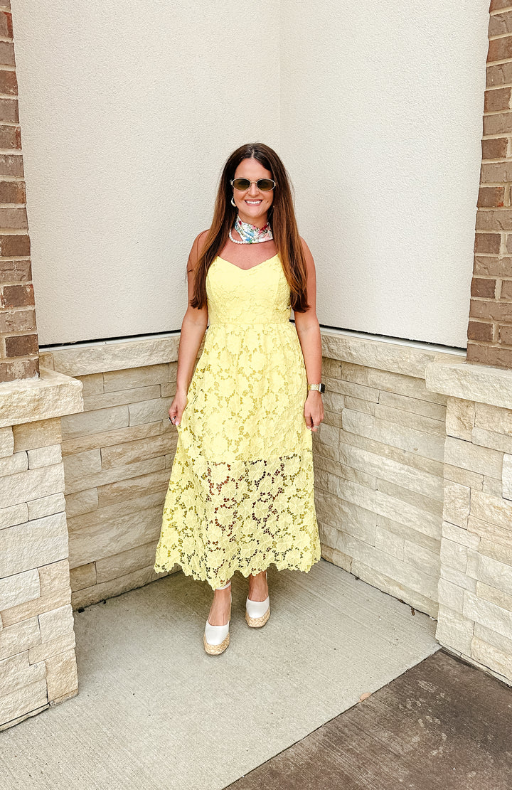 Lemon Twist Floral Lace Midi Dress