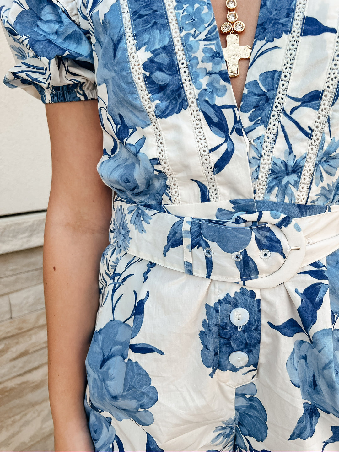 Kline Blue Floral Belted Romper