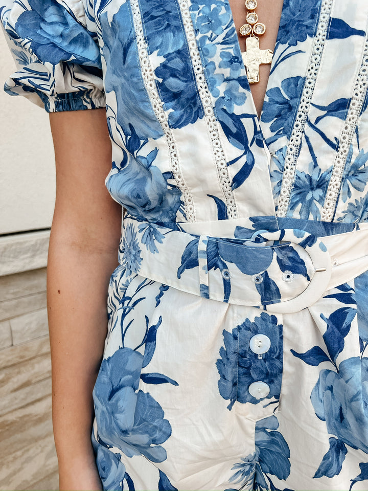 Kline Blue Floral Belted Romper