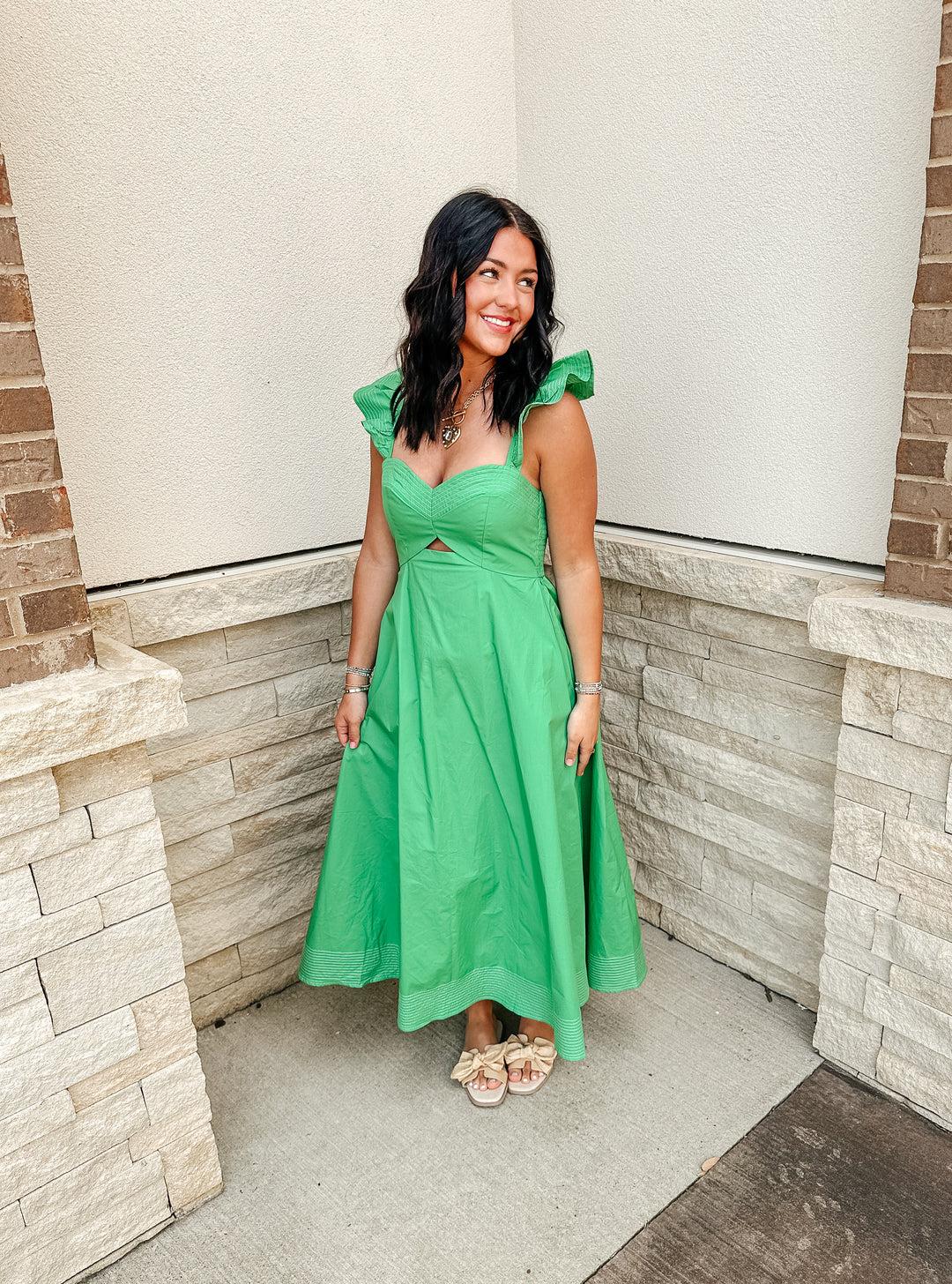 Green Flutter Sleeve Midi dress