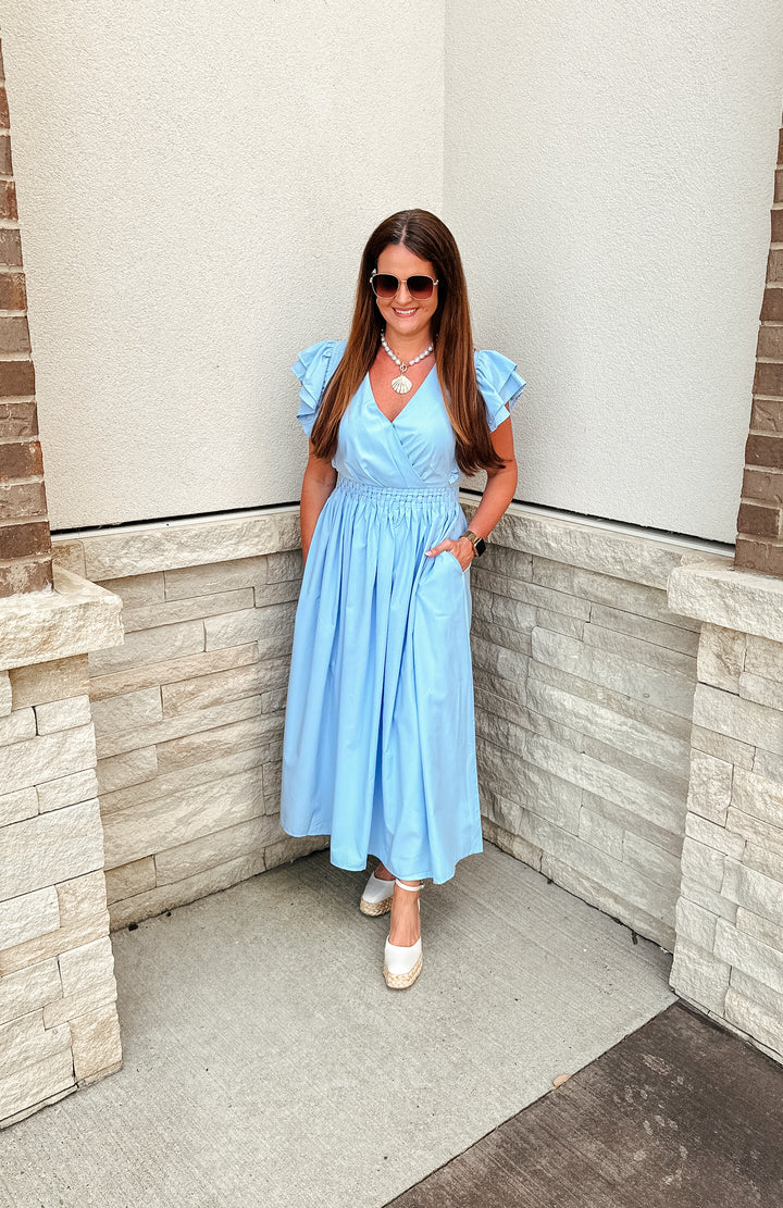 Woven Lattice Ruffle Flutter Sleeve Midi Dress