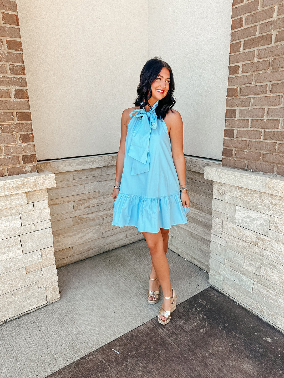 Blue Bow Neck Detail Mini Dress
