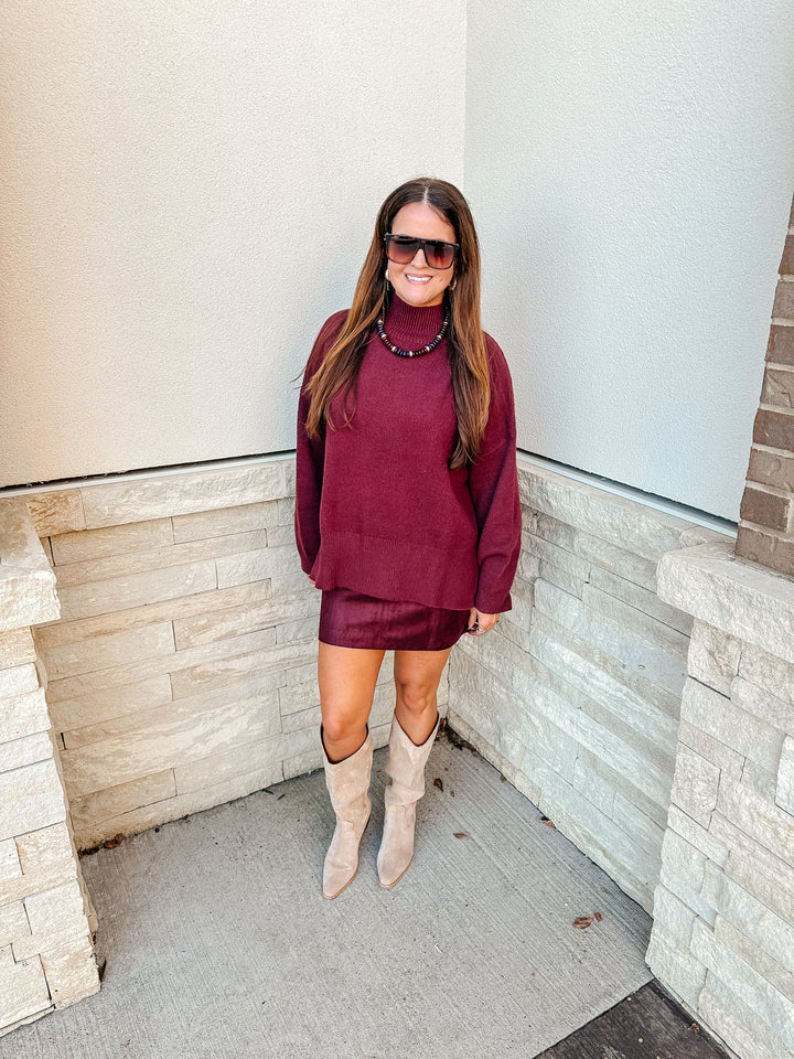 Mock Neck Sweater Top: Cherry