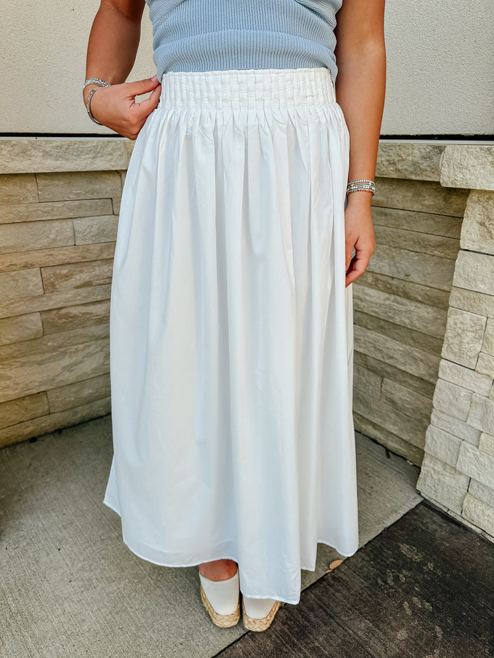 Woven Lattice Shirred Midi Skirt