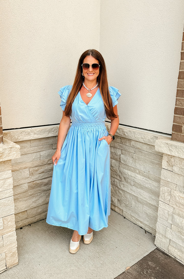 Woven Lattice Ruffle Flutter Sleeve Midi Dress
