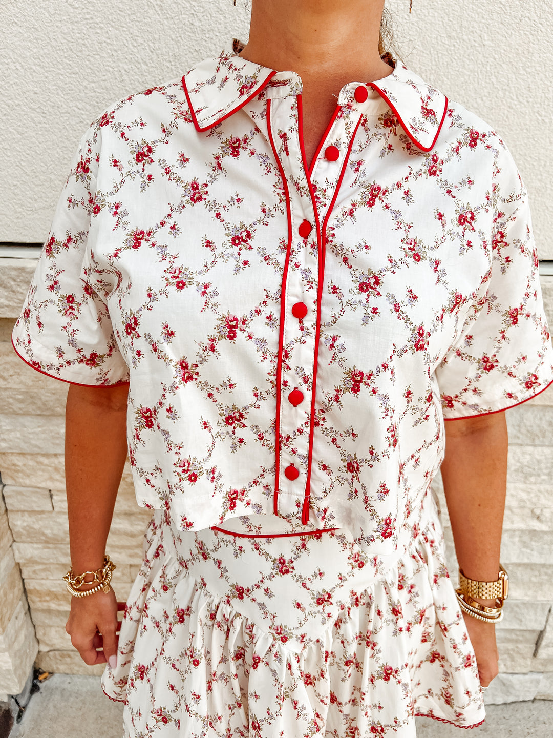Darby Lattice Floral Button Up Top