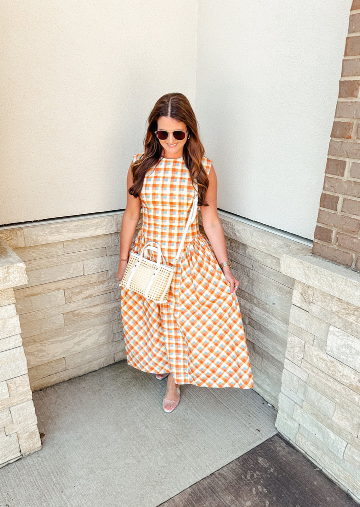 Spring Persimmon Plaid Midi Dress