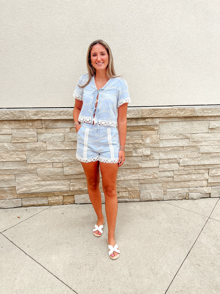 Lakeside Weekend Blue Eyelet Tie Top