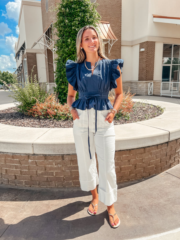 Maude Flutter Sleeve Peplum Top