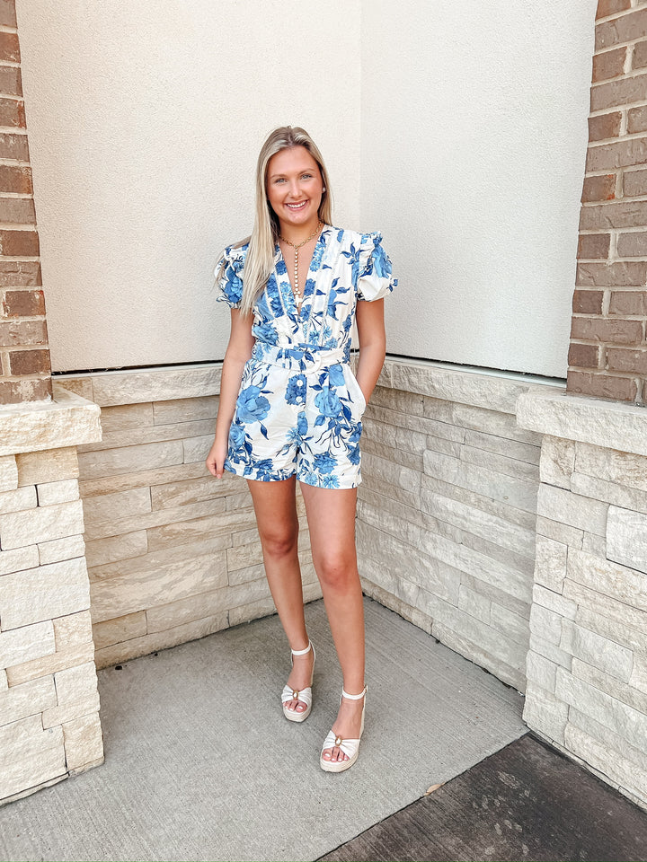 Kline Blue Floral Belted Romper