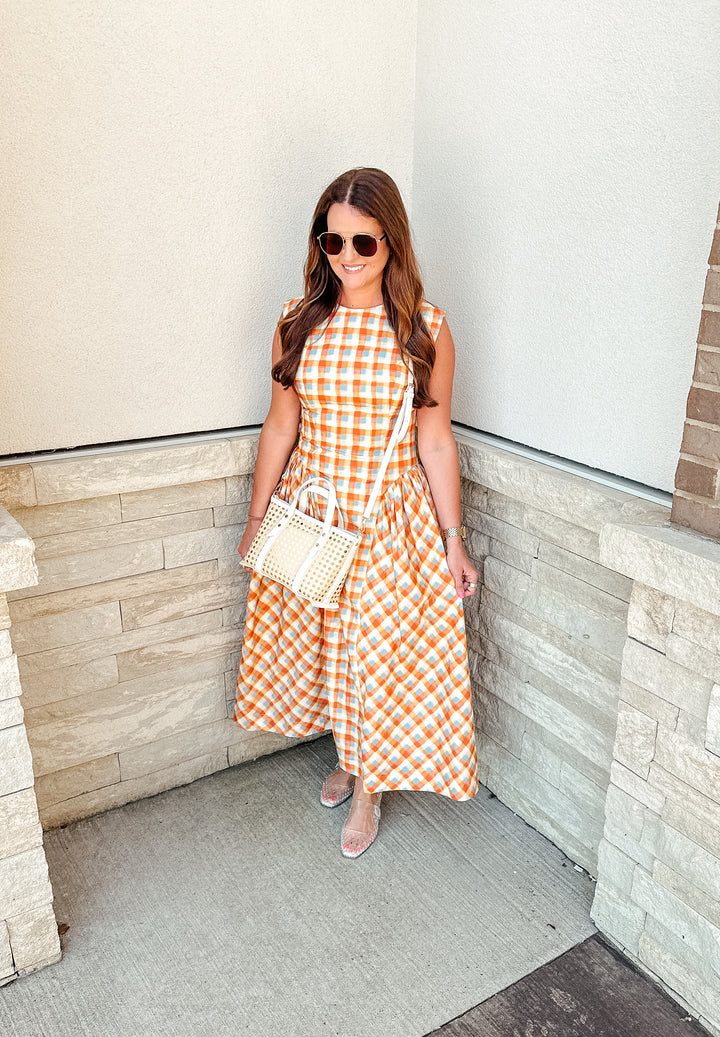 Spring Persimmon Plaid Midi Dress