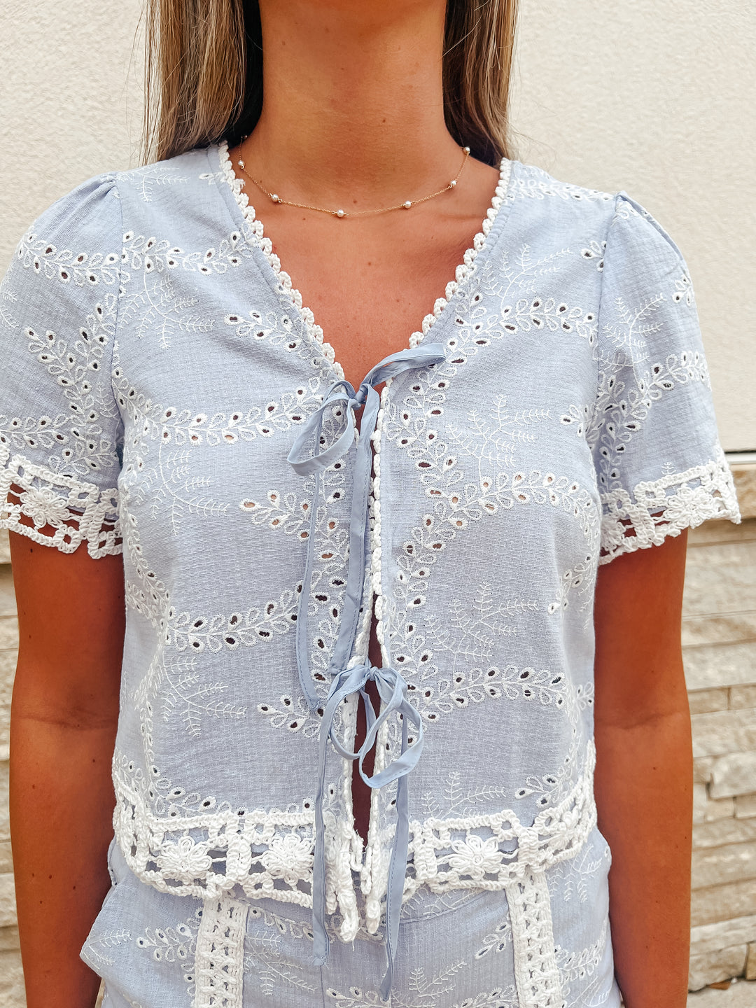Lakeside Weekend Blue Eyelet Tie Top