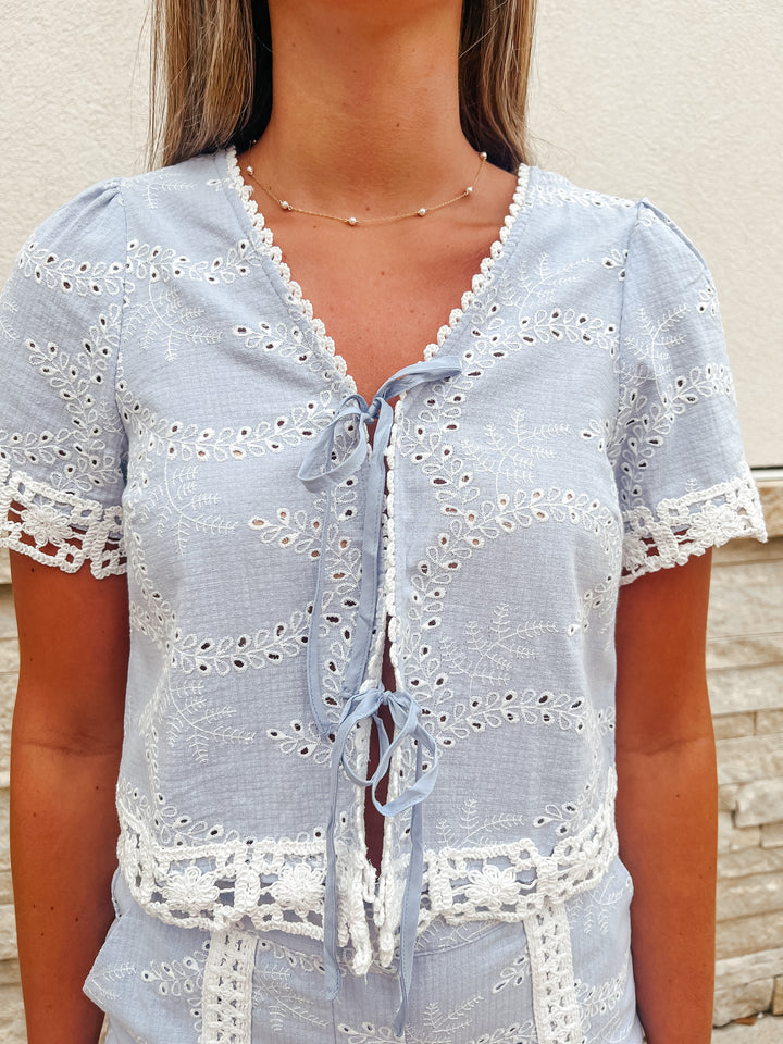 Lakeside Weekend Blue Eyelet Tie Top