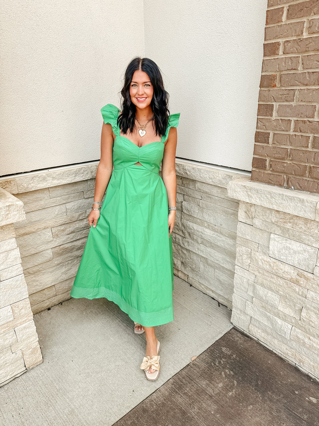 Green Flutter Sleeve Midi dress