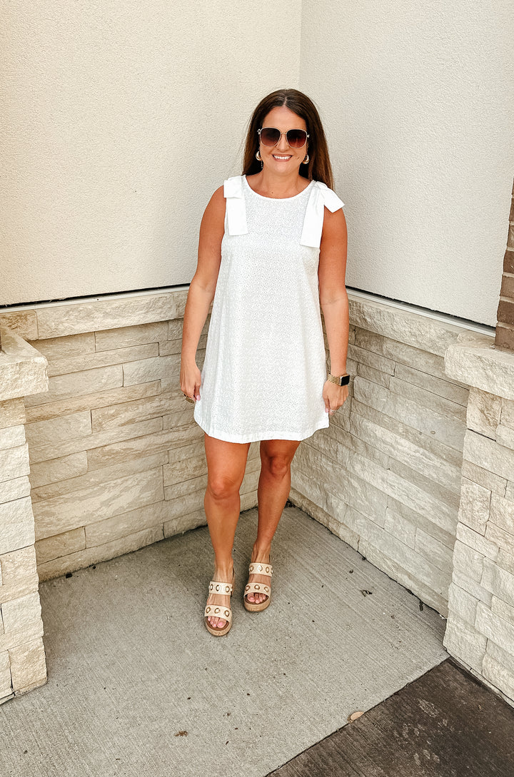 Bow Shoulder Floral Eyelet Shift Mini Dress