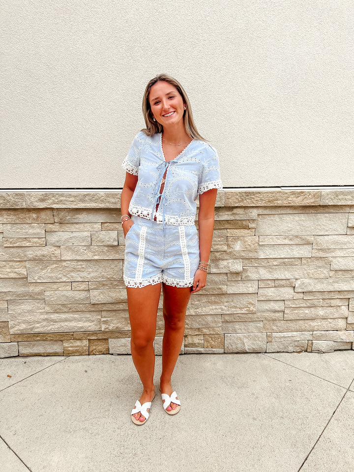 Lakeside Weekend Blue Eyelet Shorts