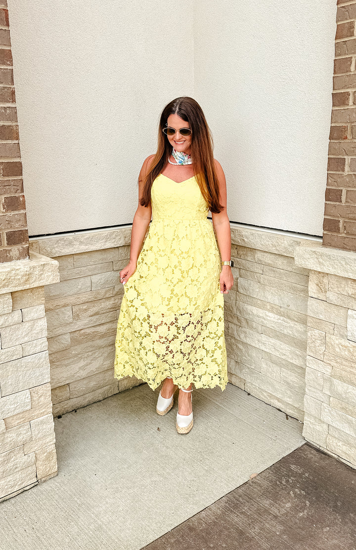 Lemon Twist Floral Lace Midi Dress