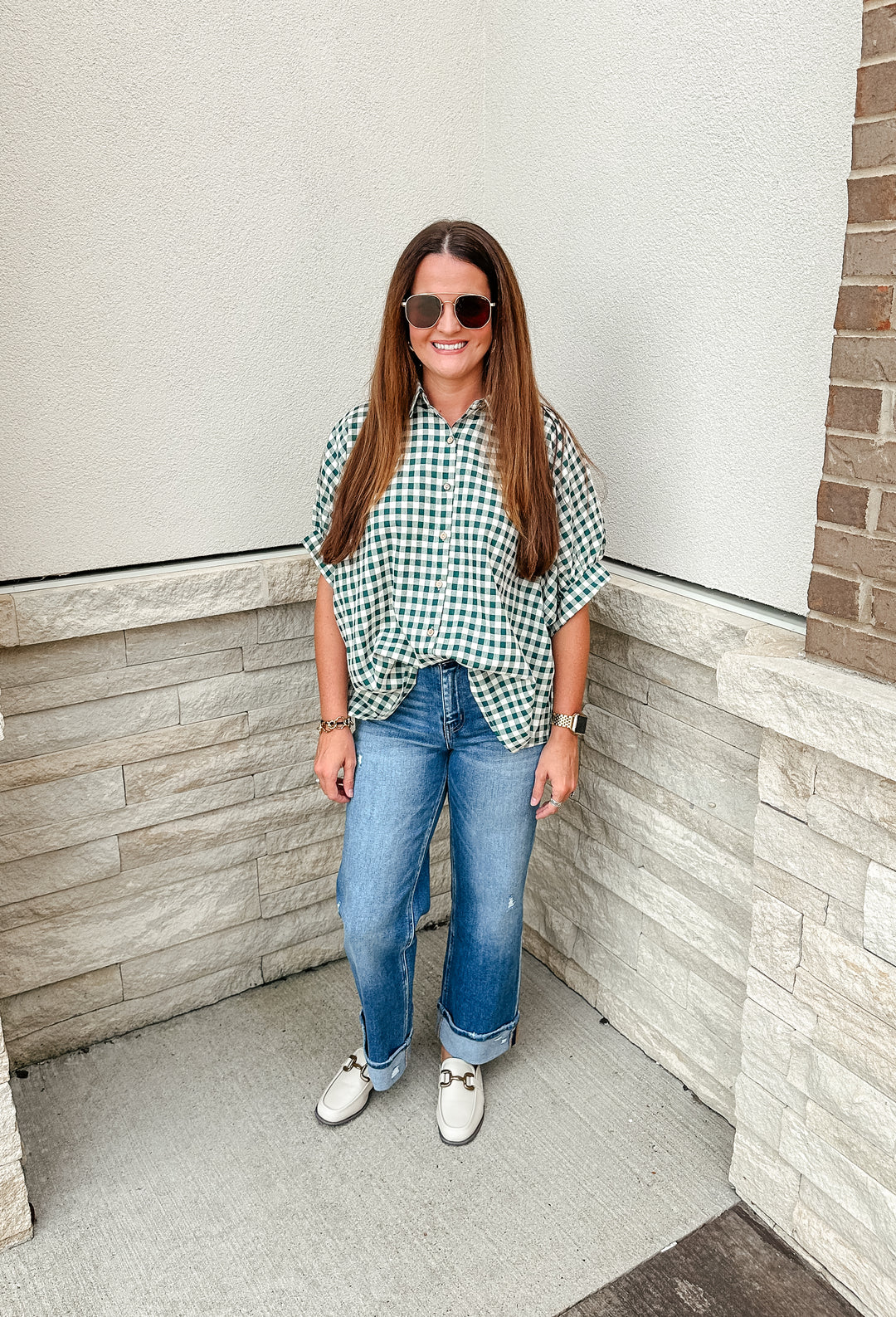 Gingham Oversized Top: Green