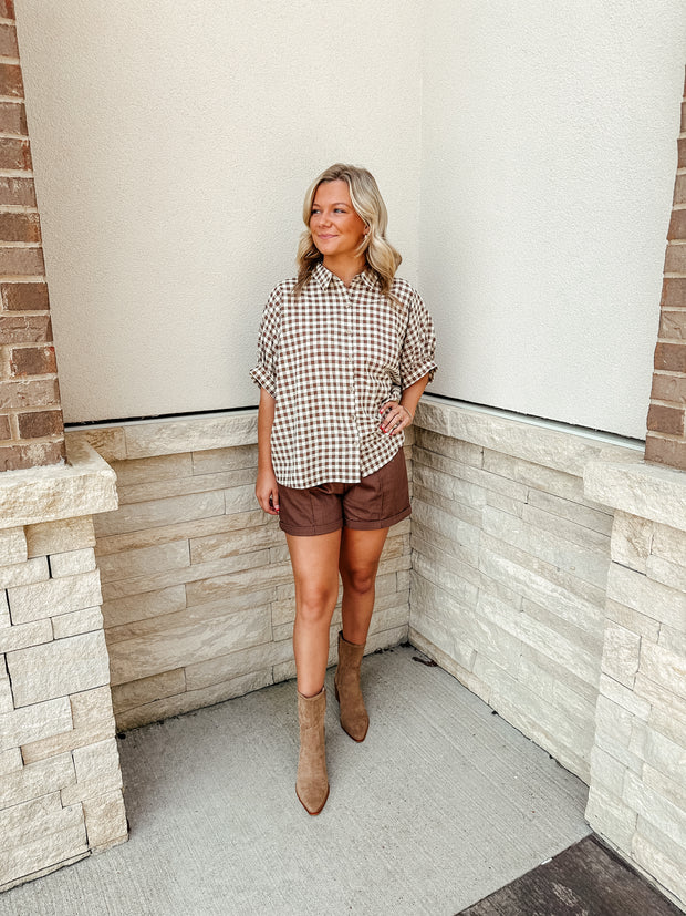 Gingham Oversize Top: Brown