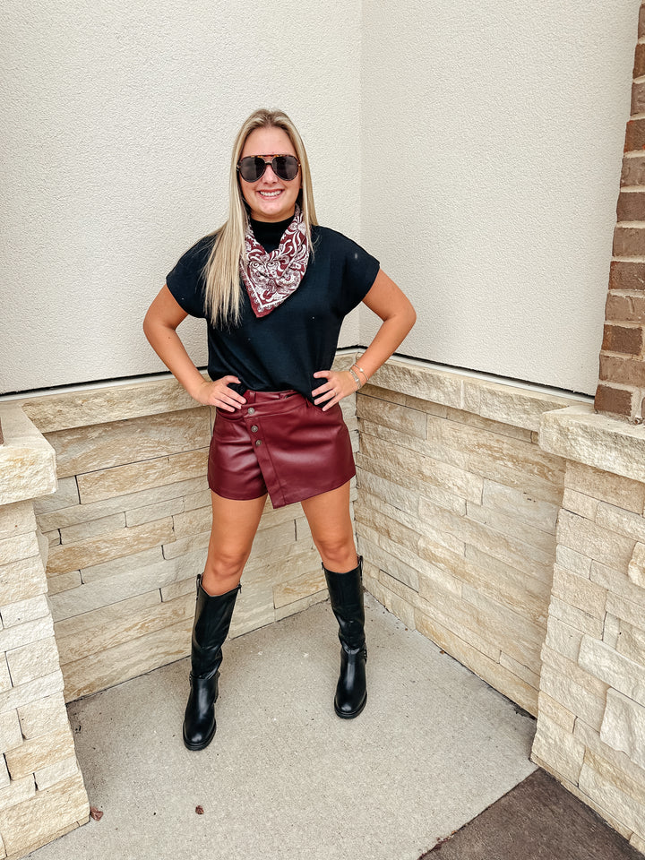 Faux Leather Burgundy Wrap Skort