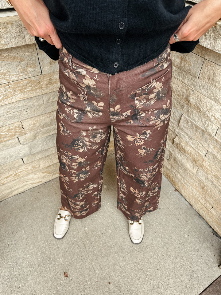 Floral Mid Rise Pants: Brown