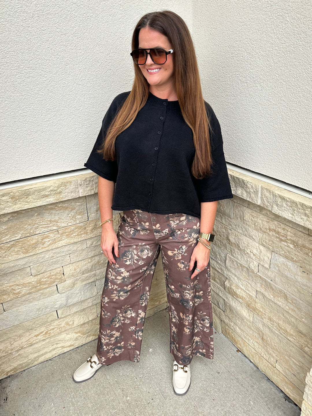 Floral Mid Rise Pants: Brown
