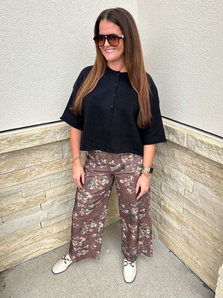 Floral Mid Rise Pants: Brown