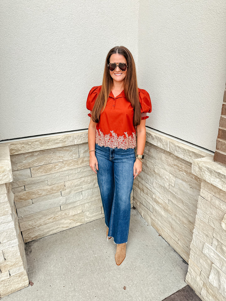 Evelyn Embroidered Top: Rust