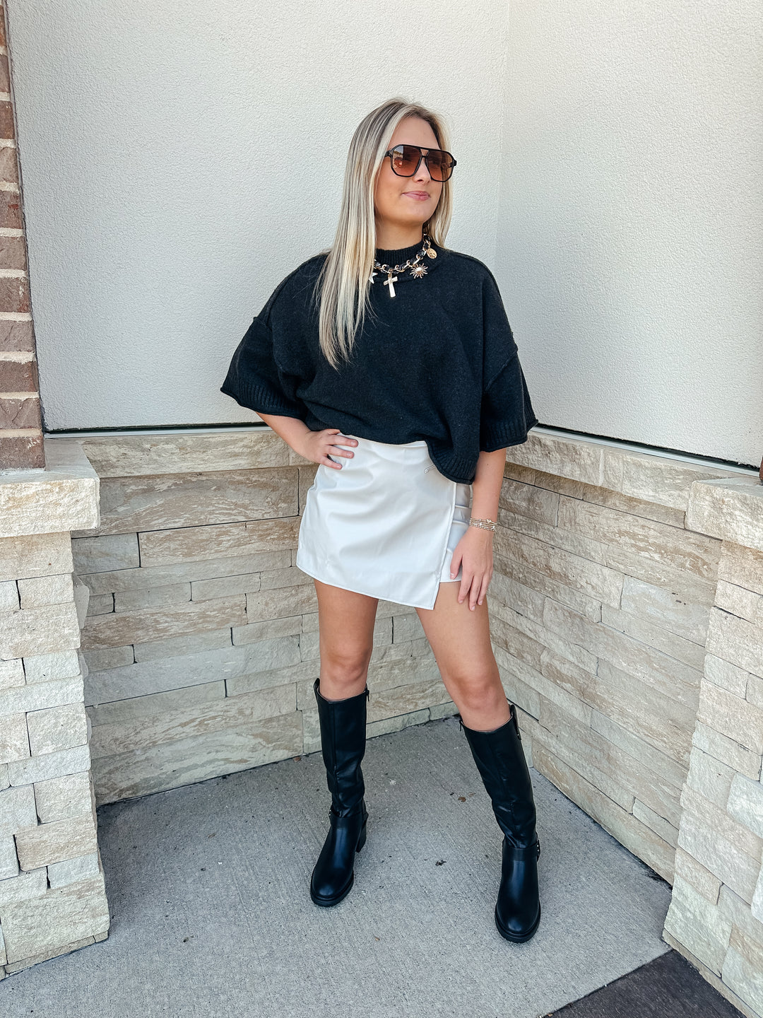 Faux Leather Mini Skort: Ecru