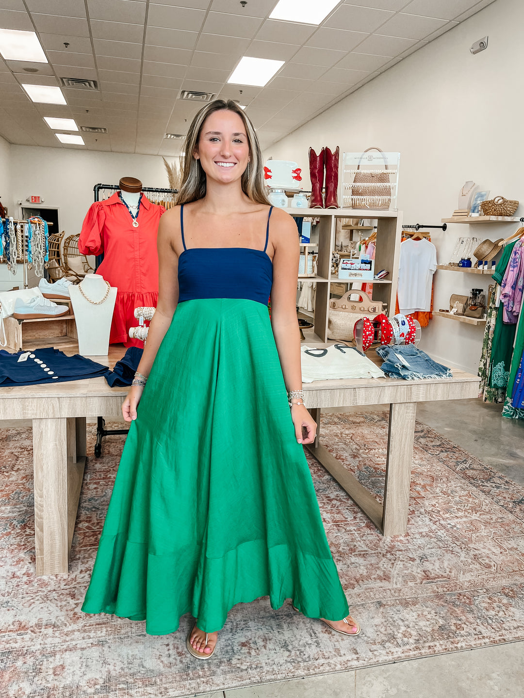 Lucy Linen Blend Maxi: Navy/Green