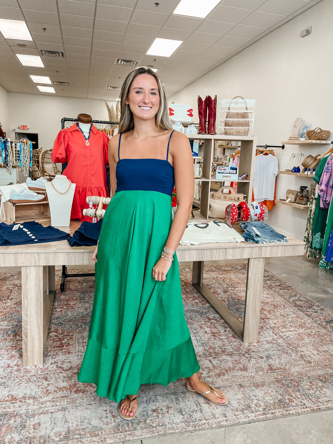 Lucy Linen Blend Maxi: Navy/Green