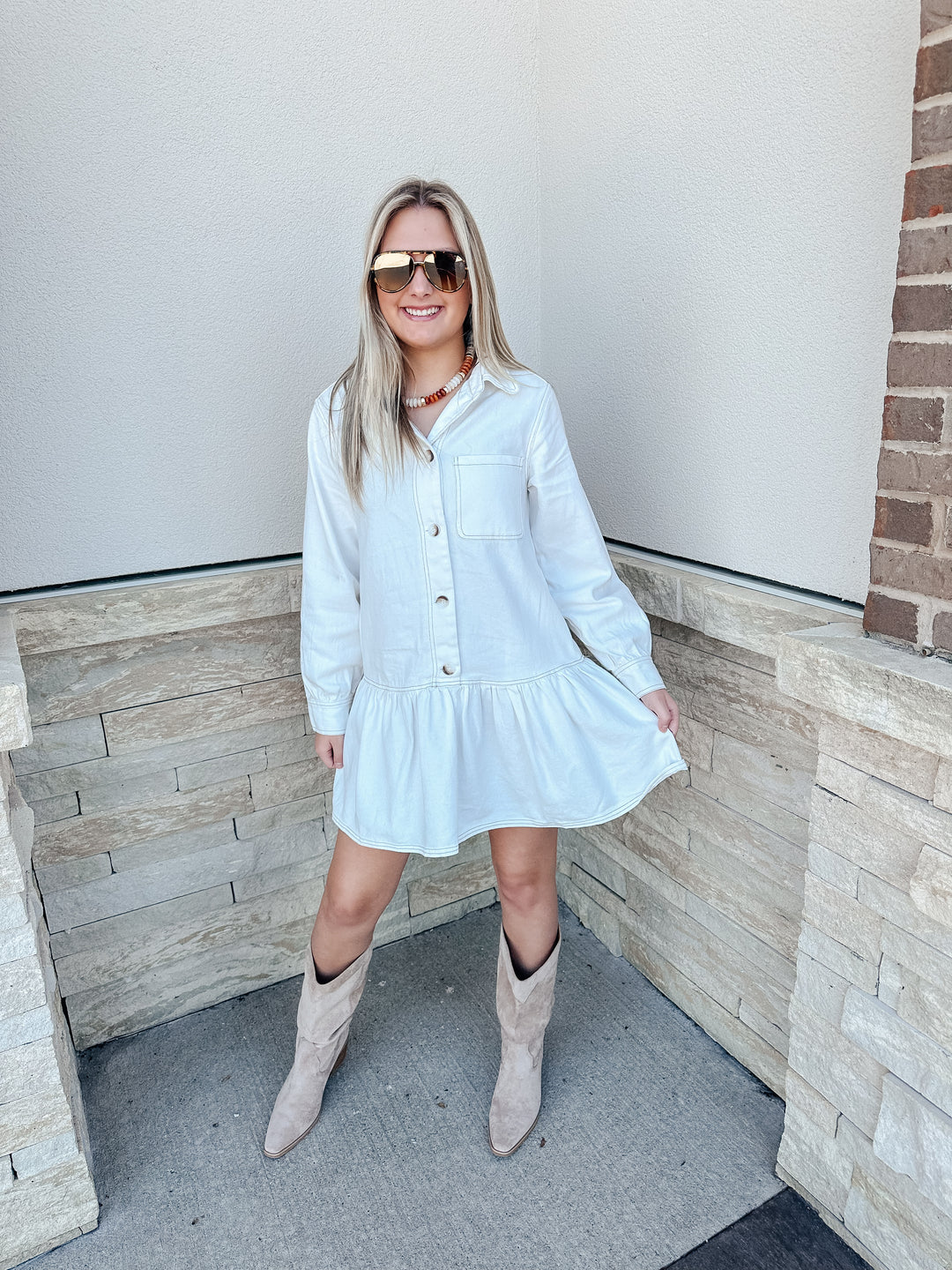 white button down denim dress Free People Hannah - White Denim Dress - Long Sleeve Dress