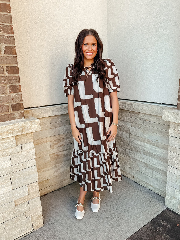 Brown Printed Midi Dress