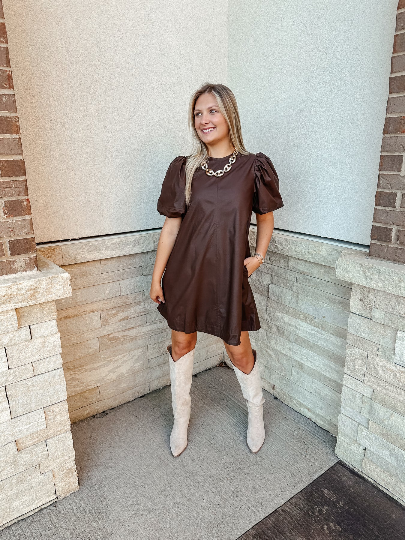 brown faux dress Brown Faux Leather Strapless Bodycon Midi Dress