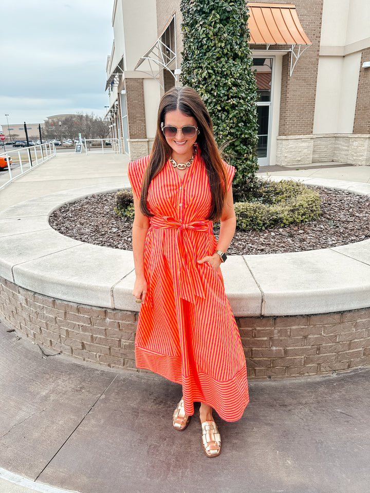 Hot Pink & Orange Stripe Midi Dress