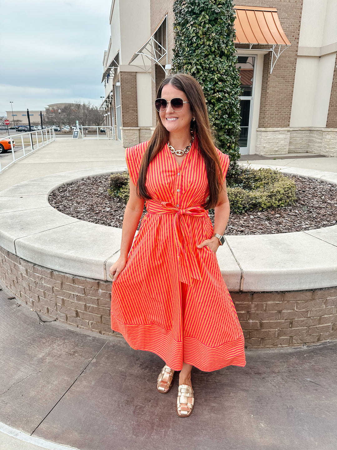 Hot Pink & Orange Stripe Midi Dress