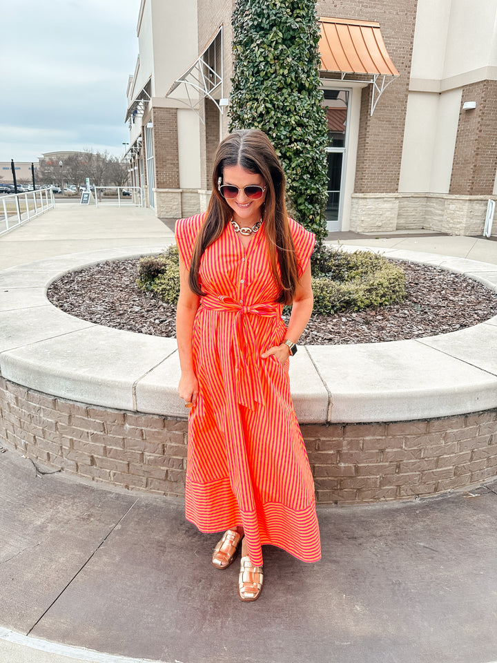 Hot Pink & Orange Stripe Midi Dress