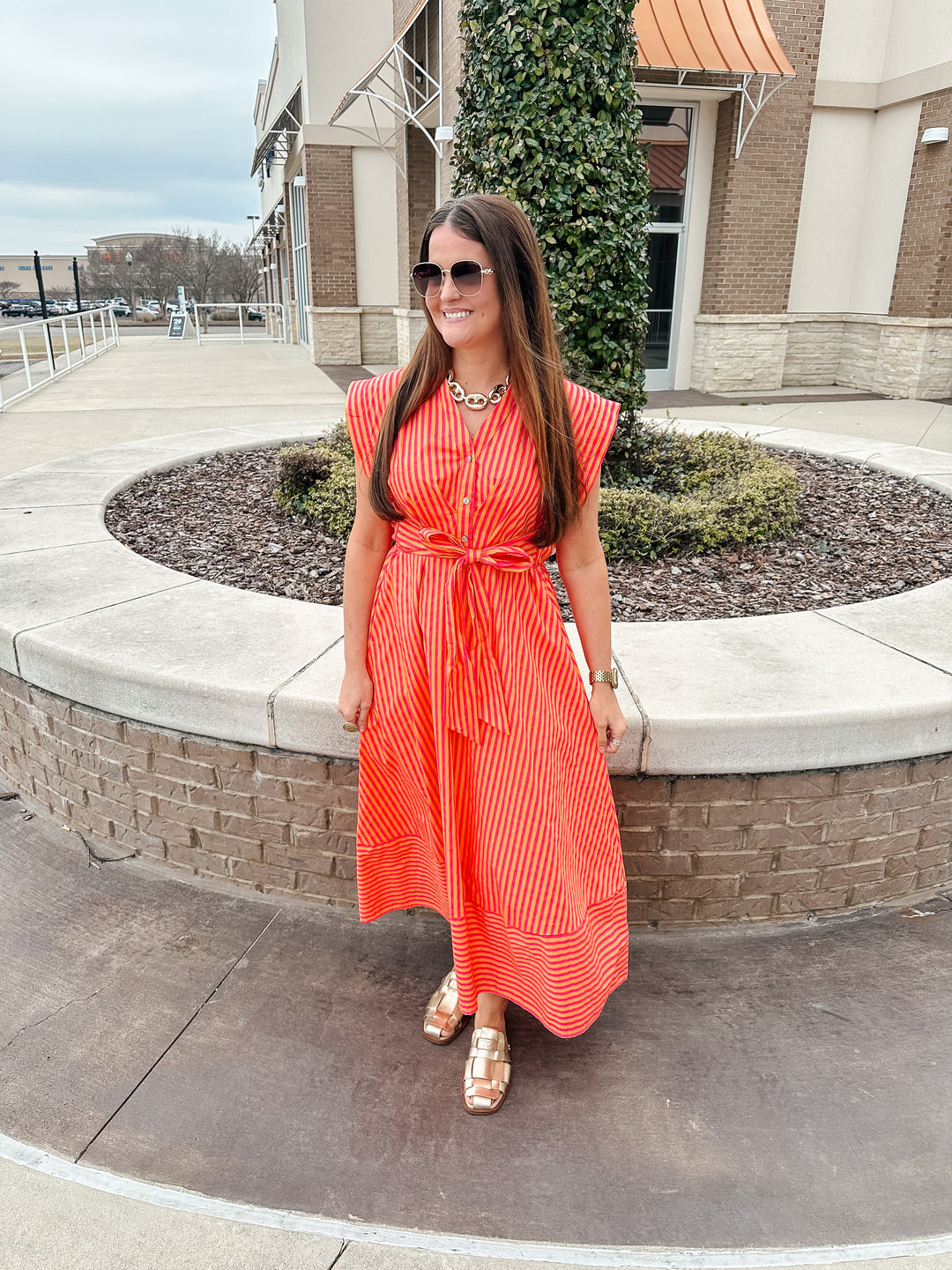 Hot Pink & Orange Stripe Midi Dress
