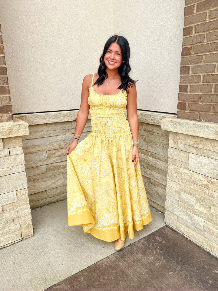 Ella Yellow Paisley Smocked Midi Dress