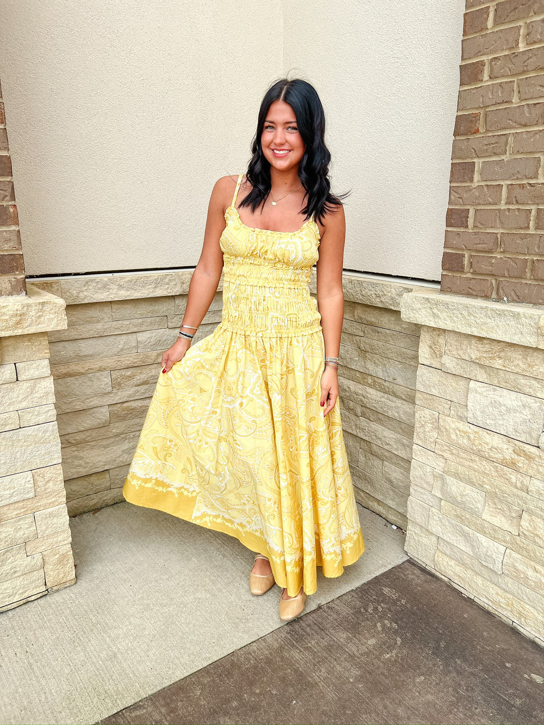 Ella Yellow Paisley Smocked Midi Dress