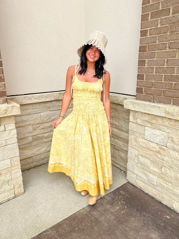 Ella Yellow Paisley Smocked Midi Dress
