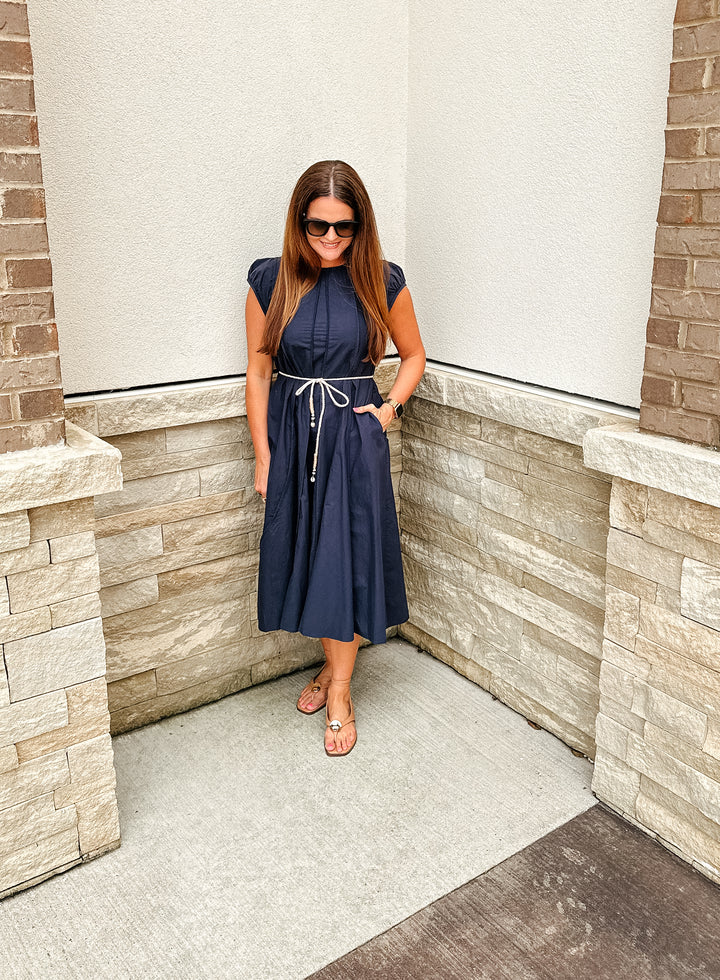 Navy Midi Dress with Rope Belt