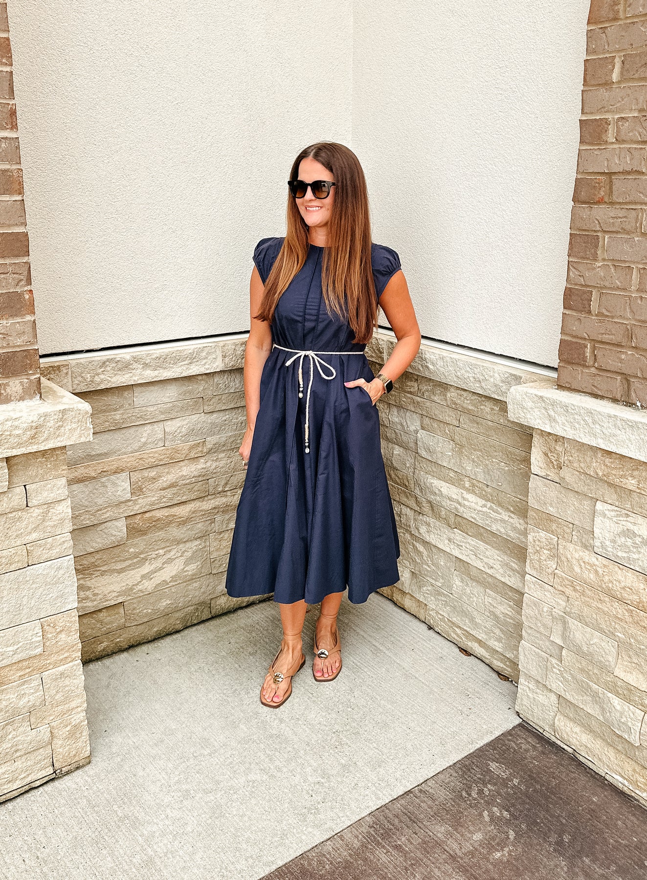 Navy Midi Dress with Rope Belt