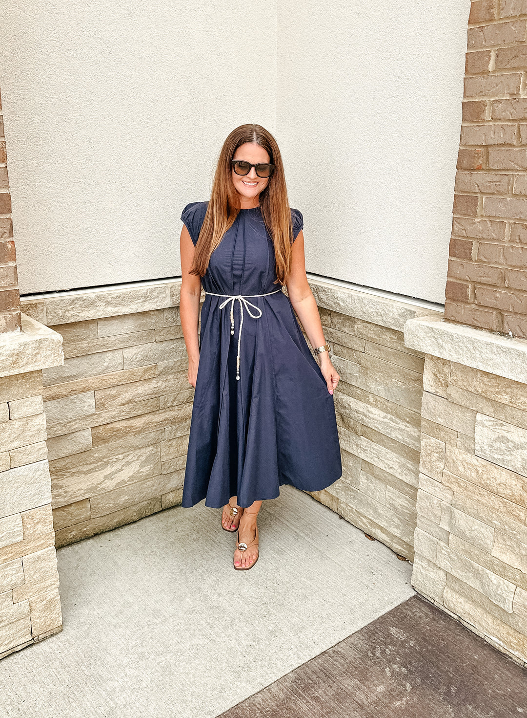 Navy Midi Dress with Rope Belt