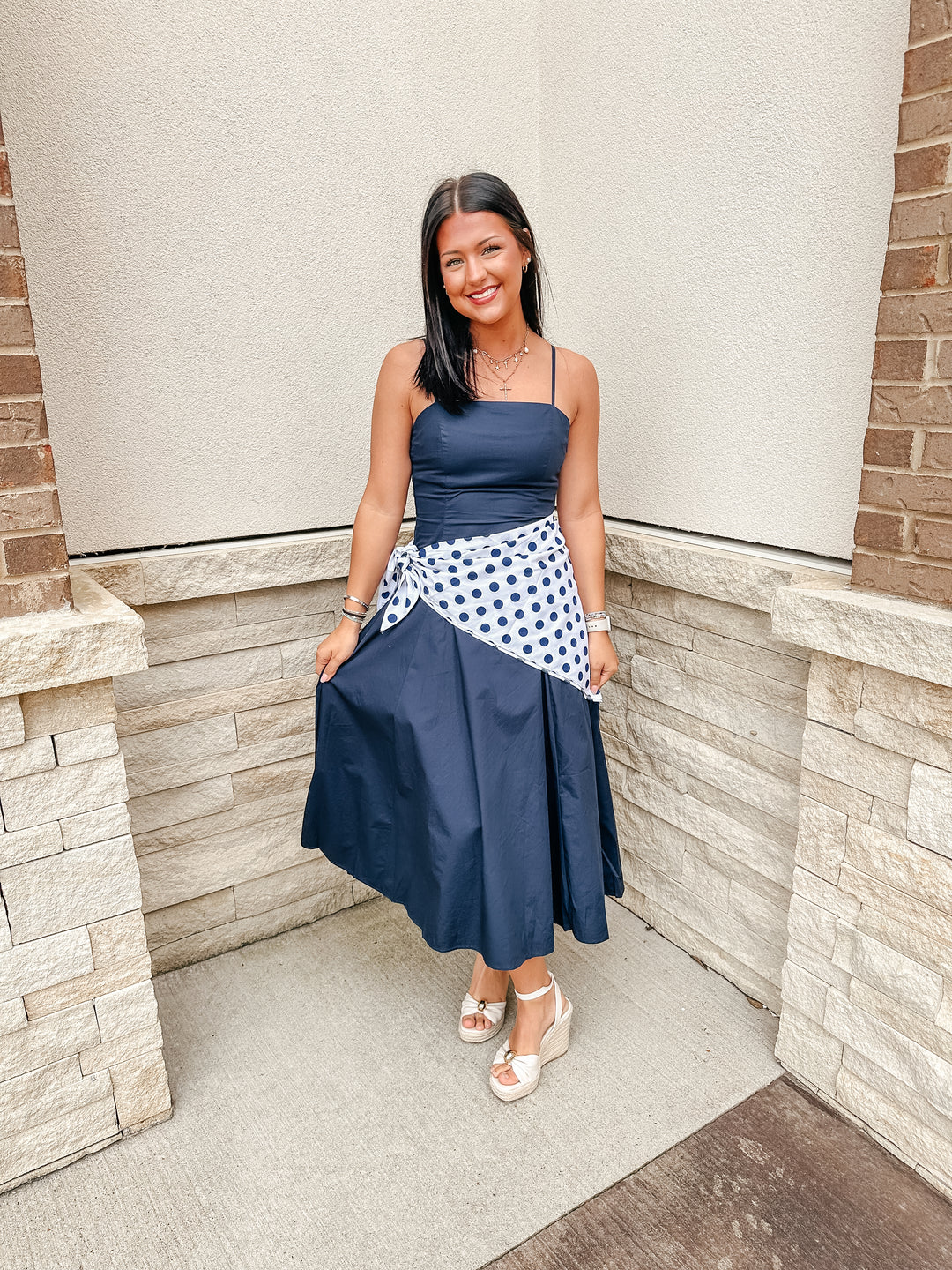 Navy Polka Dot Scarf Dress
