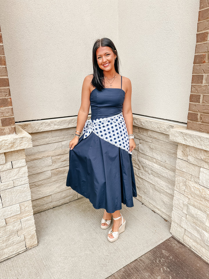 Navy Polka Dot Scarf Dress